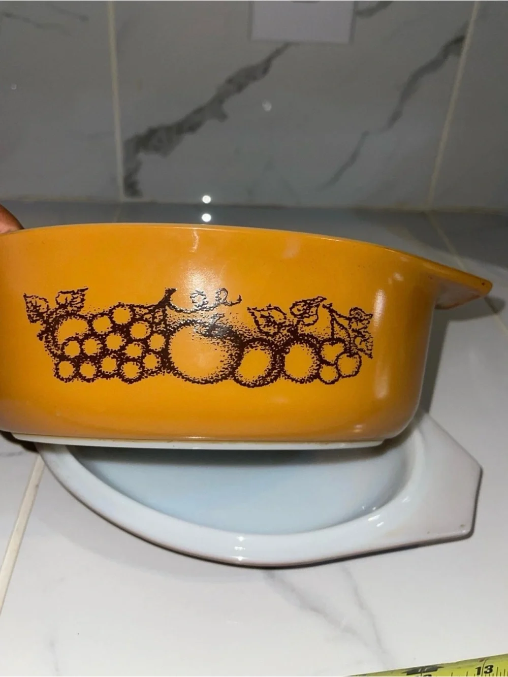 Pyrex Amber and Brown Covered Casserole with Fruit Motif